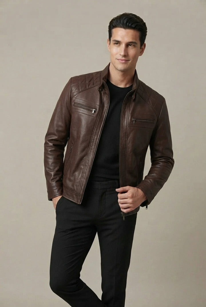 Veste Homme Col Montant – Fermeture Zippée Finition Similicuir
