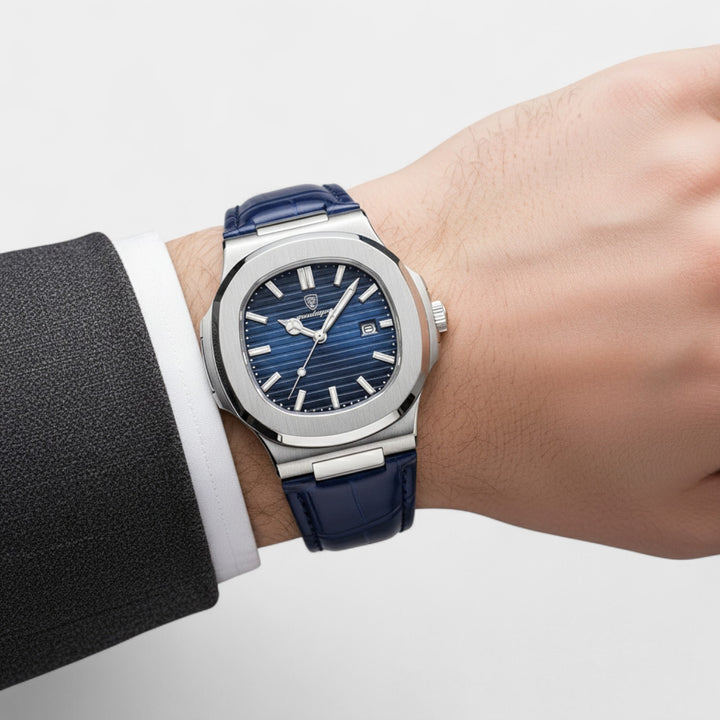 Orologio da Uomo con Cinturino in Pelle Blu – Quarzo Luminoso e Impermeabile 40 mm
