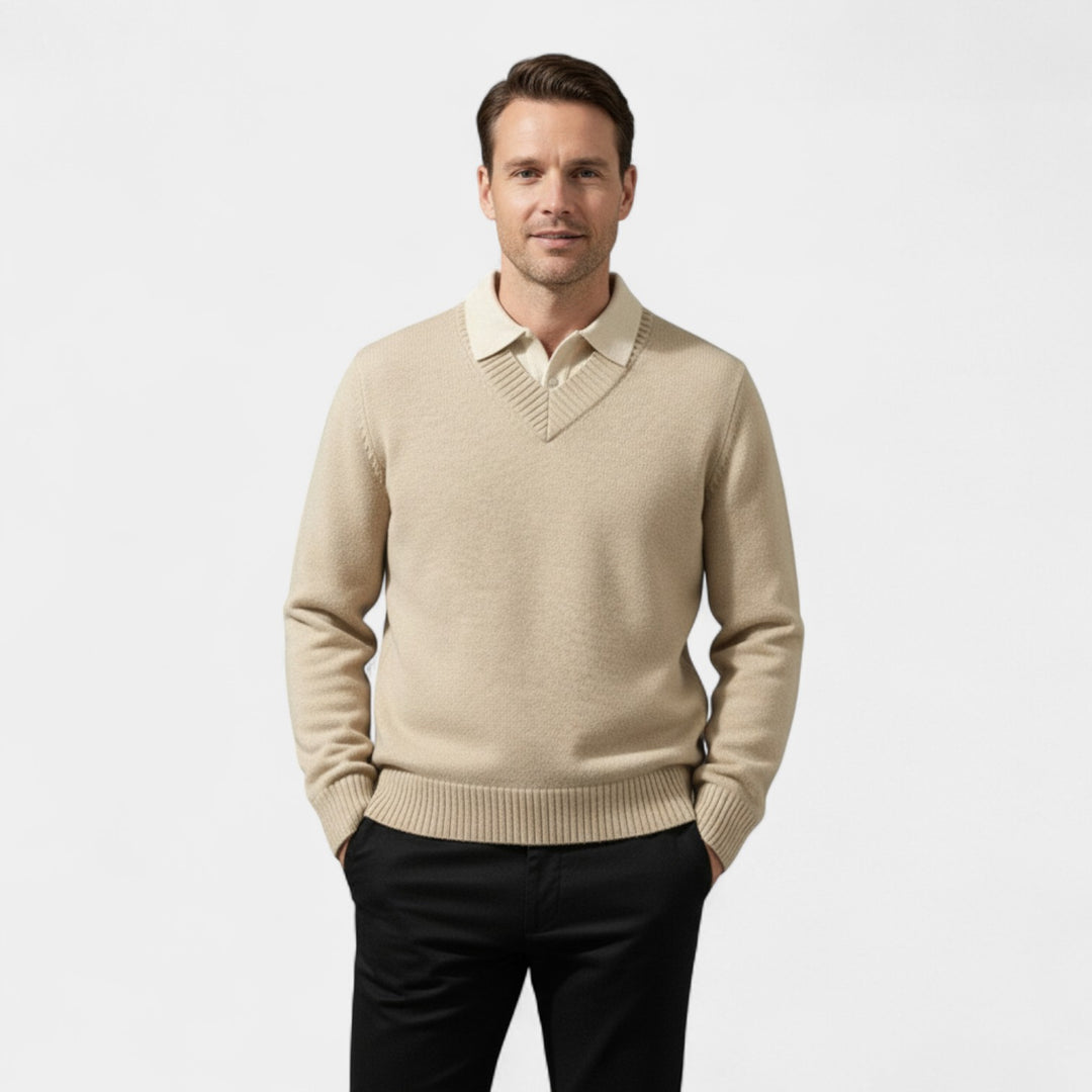 Riche | Maglione da Uomo in Maglia Polo – Collo a V Stile Due Pezzi