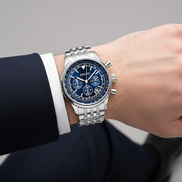 Herrenuhr Chronograph aus Edelstahl – Quarzuhr mit sechs Zeigern