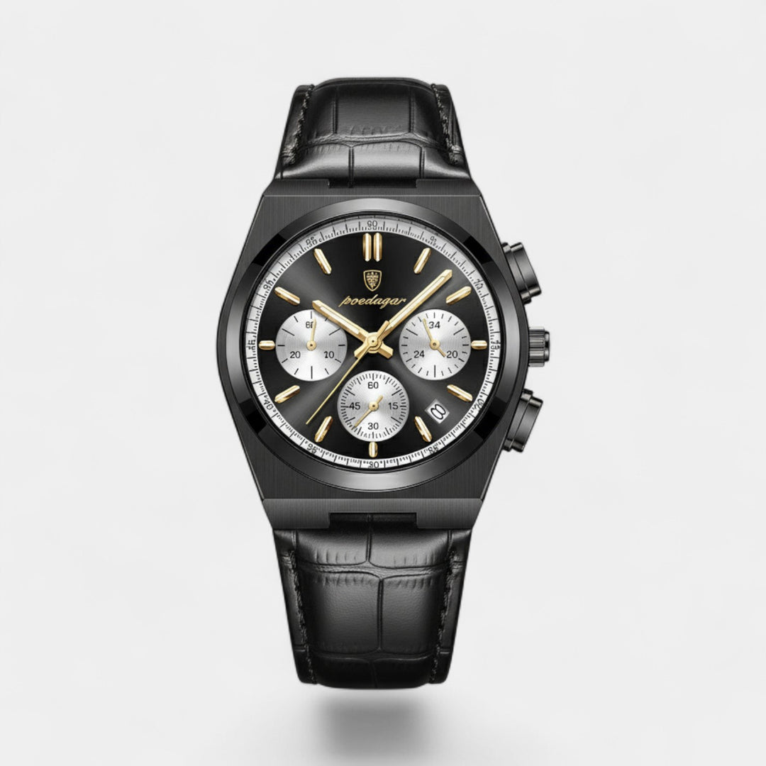 Herrenuhr mit schwarzem Lederarmband – Multifunktionales Quarzwerk 41 mm