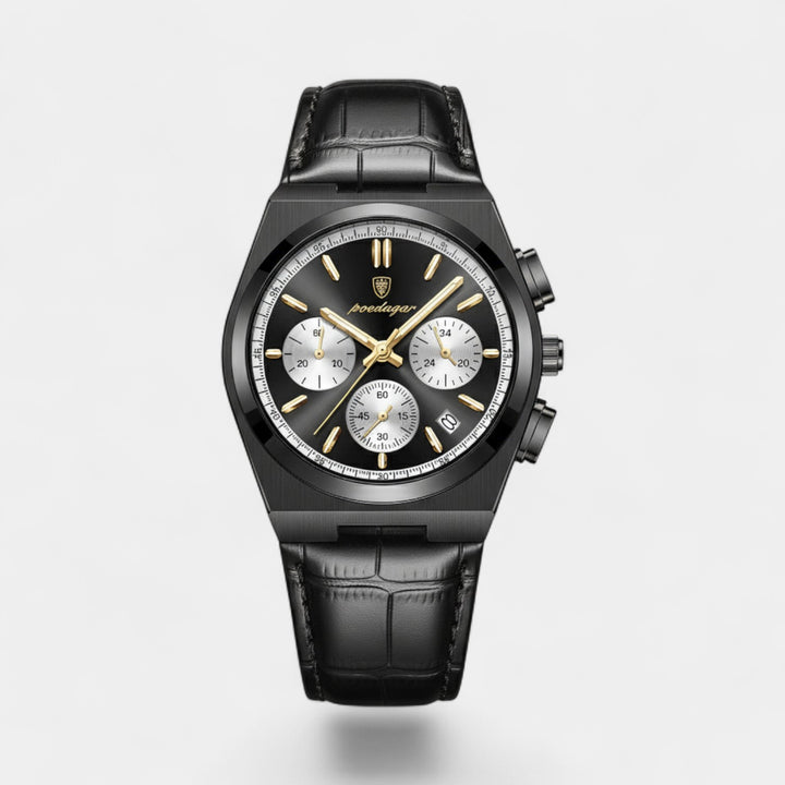 Herrenuhr mit schwarzem Lederarmband – Multifunktionales Quarzwerk 41 mm