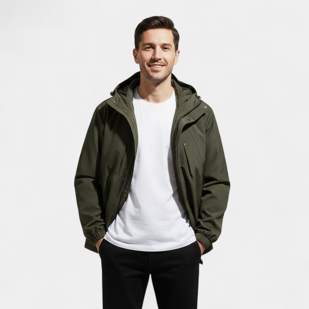 Giacca uomo con cappuccio casual in tessuto tecnico misto – moderna, leggera, silhouette raffinata