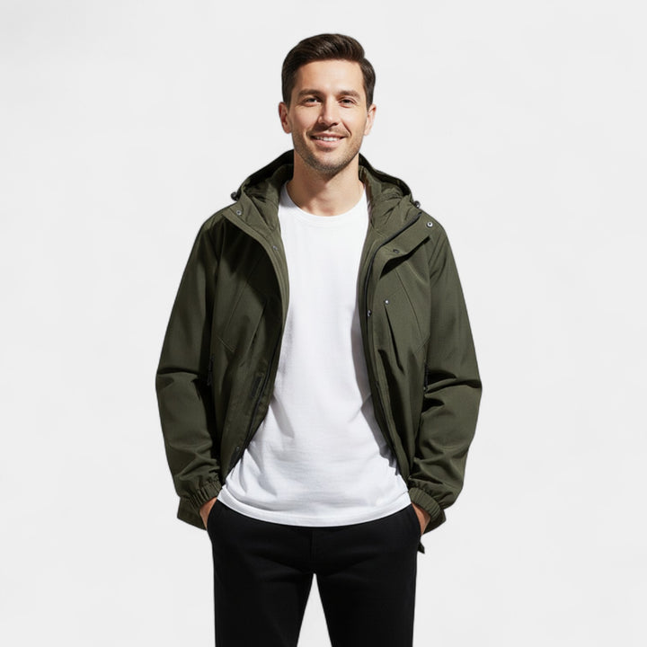 Giacca uomo con cappuccio casual in tessuto tecnico misto – moderna, leggera, silhouette raffinata