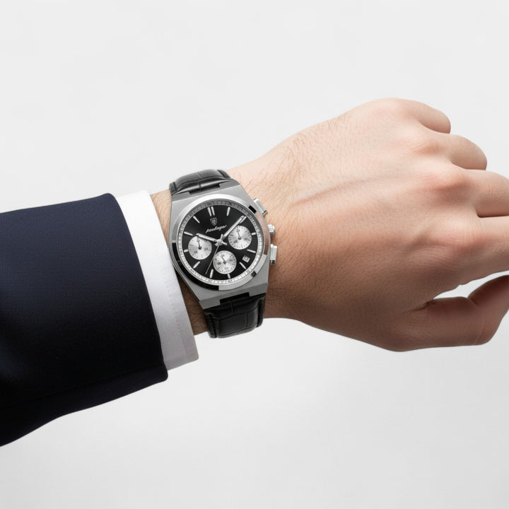 Herrenuhr mit schwarzem Lederarmband – Multifunktionales Quarzwerk 41 mm
