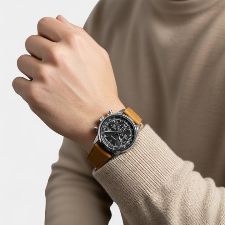 Herrenuhr mit Lederarmband – Wasserdichter Quarz-Chronograph 40,5 mm