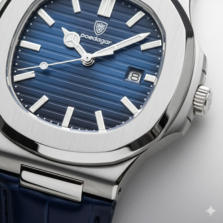 Orologio da Uomo con Cinturino in Pelle Blu – Quarzo Luminoso e Impermeabile 40 mm