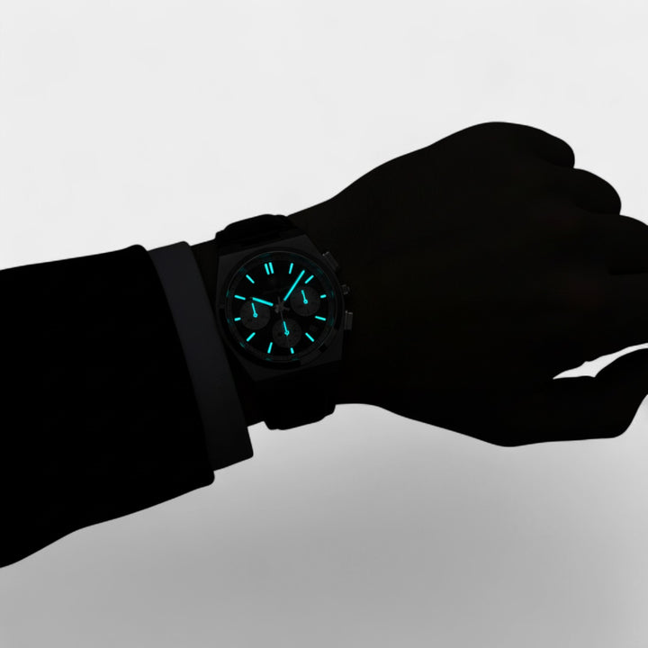 Herrenuhr mit schwarzem Lederarmband – Multifunktionales Quarzwerk 41 mm