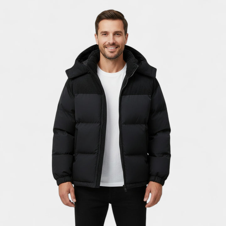 Herren Daunenjacke mit abnehmbarer Kapuze aus Baumwolle – verstärkt, raffiniert, winterliche Silhouette