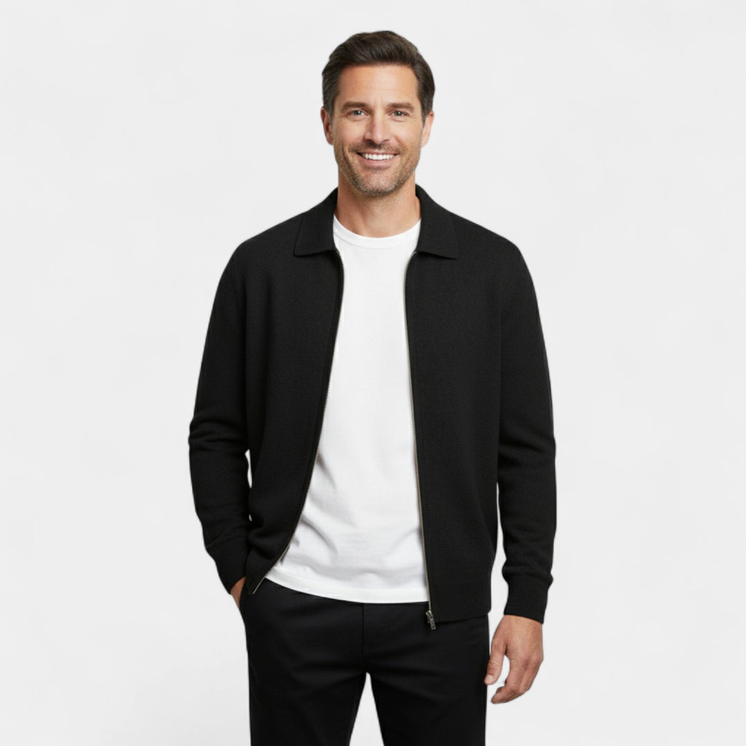 Herren Cardigan aus Merinowolle – Strick mit Reverskragen und Reißverschluss, raffinierte Passform