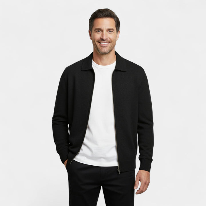 Herren Cardigan aus Merinowolle – Strick mit Reverskragen und Reißverschluss, raffinierte Passform