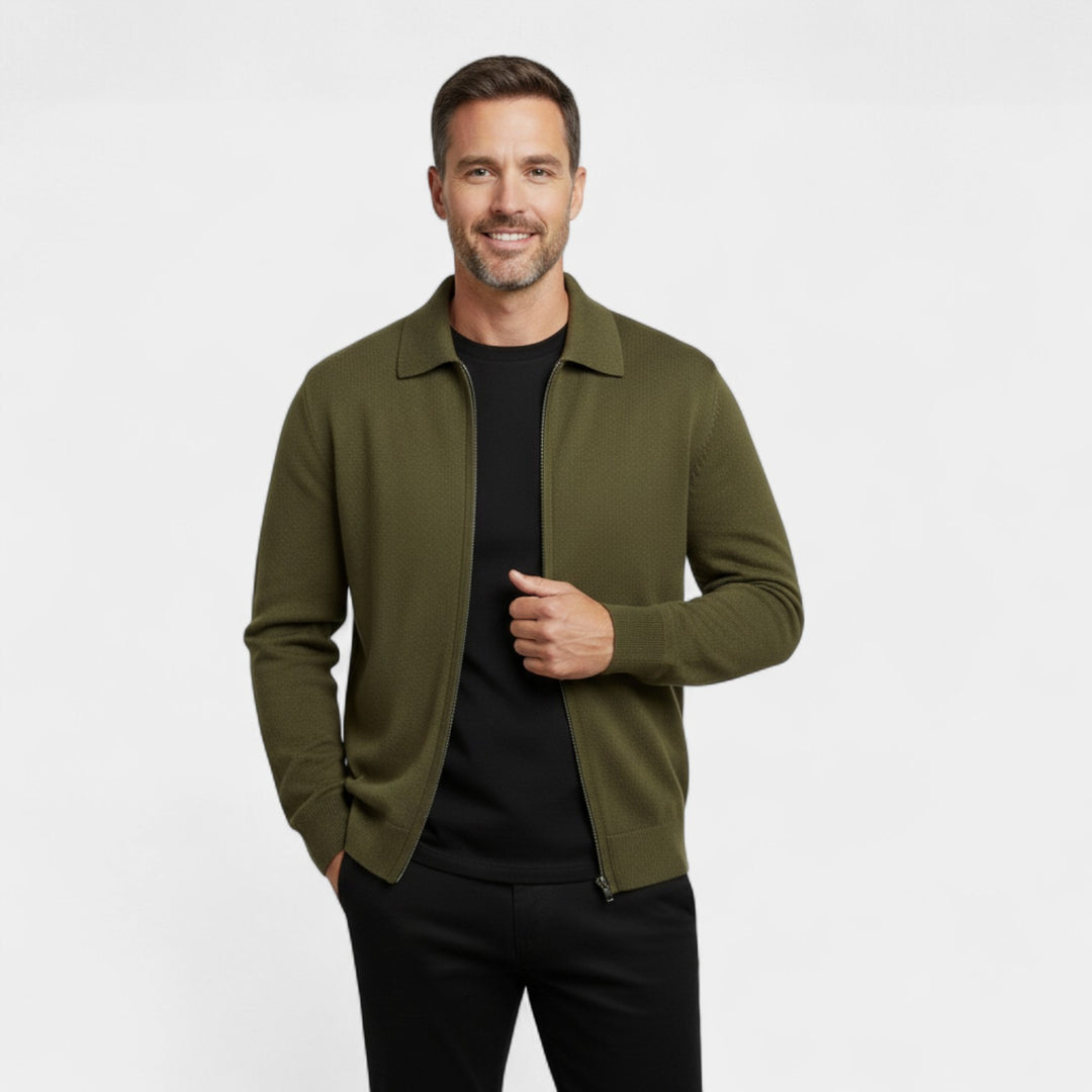Herren Cardigan aus Merinowolle – Strick mit Reverskragen und Reißverschluss, raffinierte Passform