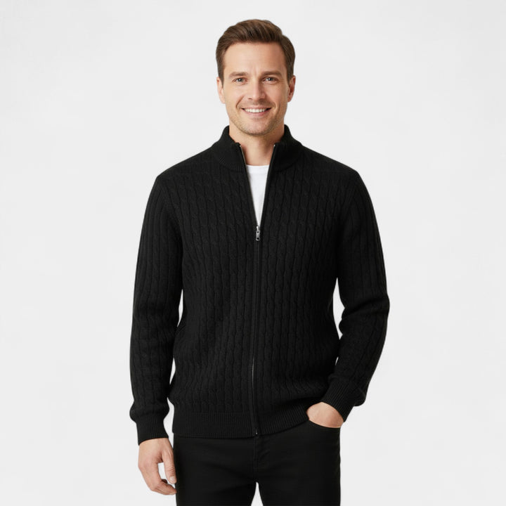Herren Zopfmuster-Cardigan aus Wolle – Jacquard mit halbhohem Kragen