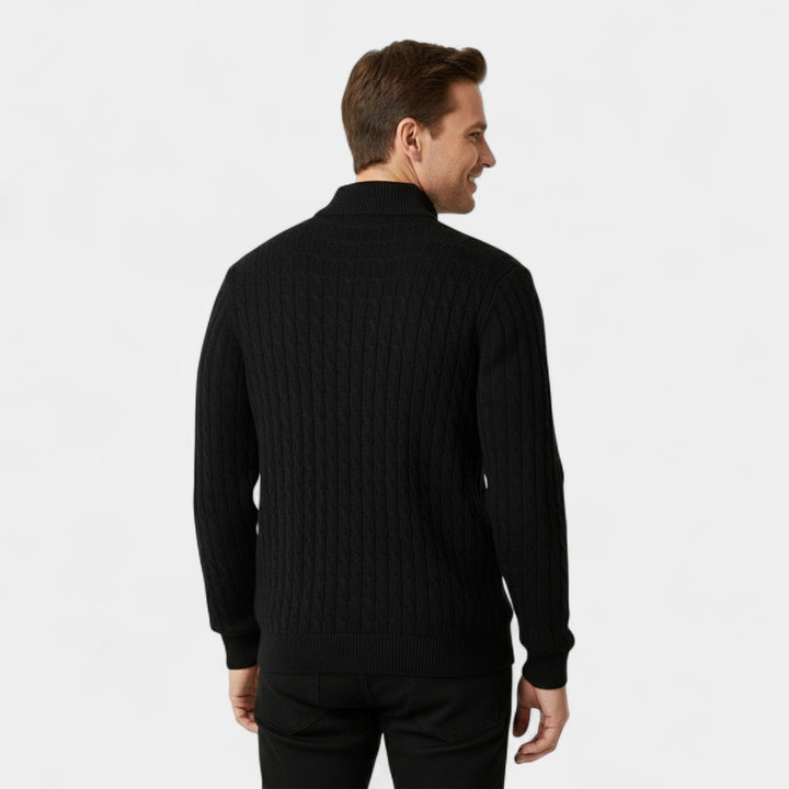 Herren Zopfmuster-Cardigan aus Wolle – Jacquard mit halbhohem Kragen