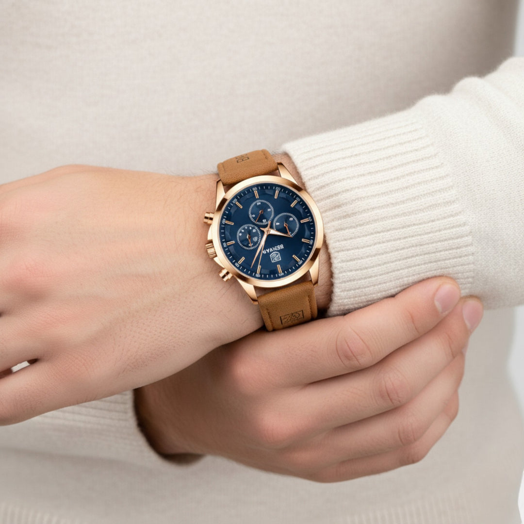 Herrenuhr mit Lederarmband – Multifunktionales Quarzwerk 41 mm