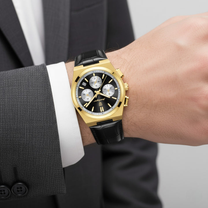 Herrenuhr mit schwarzem Lederarmband – Multifunktionales Quarzwerk 41 mm