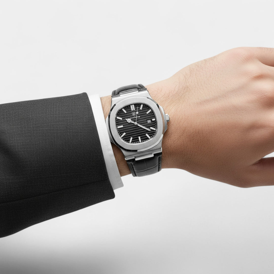 Orologio da Uomo con Cinturino in Pelle Nera – Quarzo Luminoso e Impermeabile 40 mm