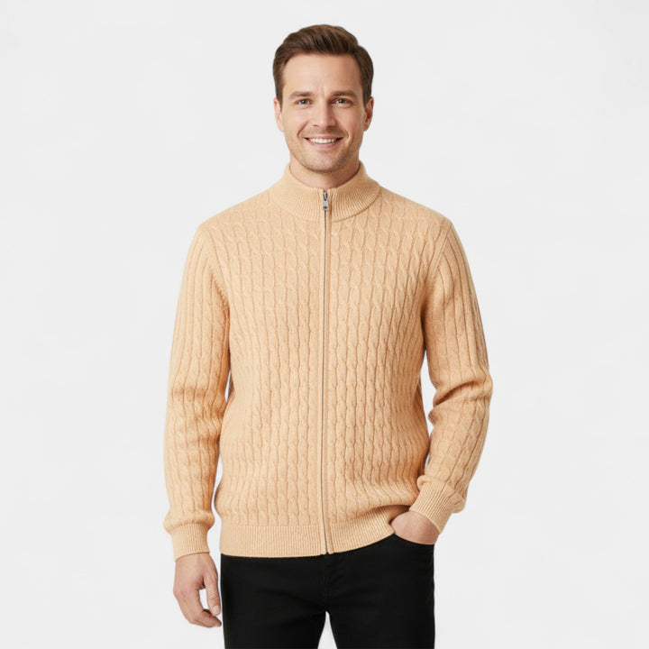 Herren Zopfmuster-Cardigan aus Wolle – Jacquard mit halbhohem Kragen