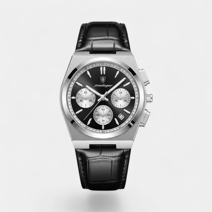 Herrenuhr mit schwarzem Lederarmband – Multifunktionales Quarzwerk 41 mm