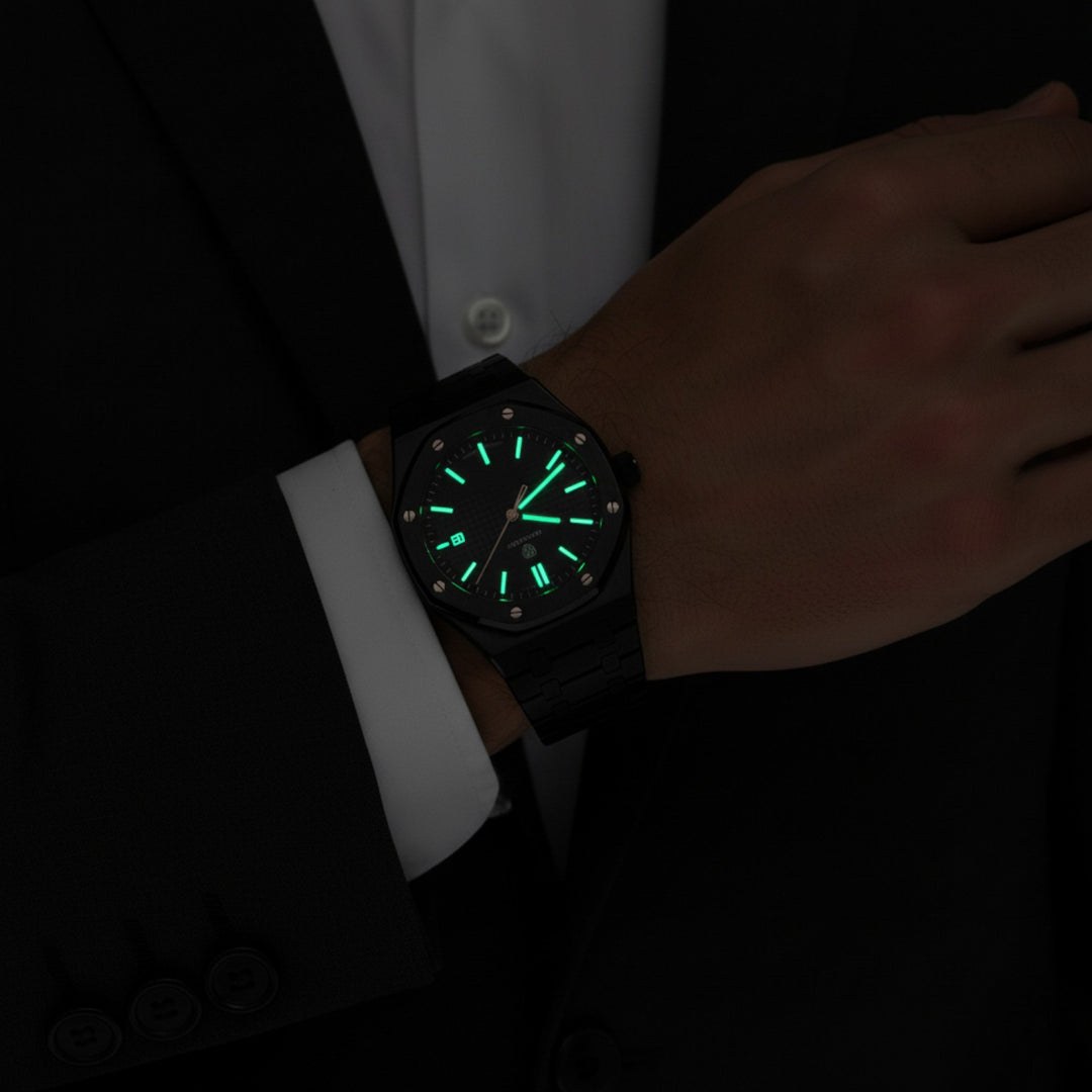 Herrenuhr aus schwarzem Edelstahl – Leuchtendes und wasserdichtes Quarzwerk 42 mm