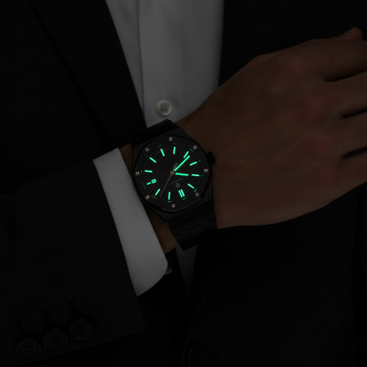 Herrenuhr aus schwarzem Edelstahl – Leuchtendes und wasserdichtes Quarzwerk 42 mm