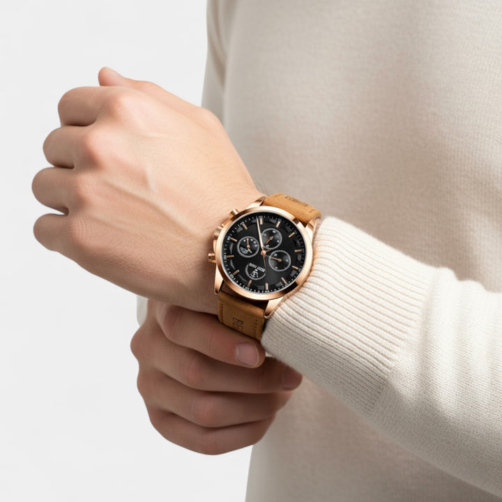 Herrenuhr mit Lederarmband – Multifunktionales Quarzwerk 41 mm