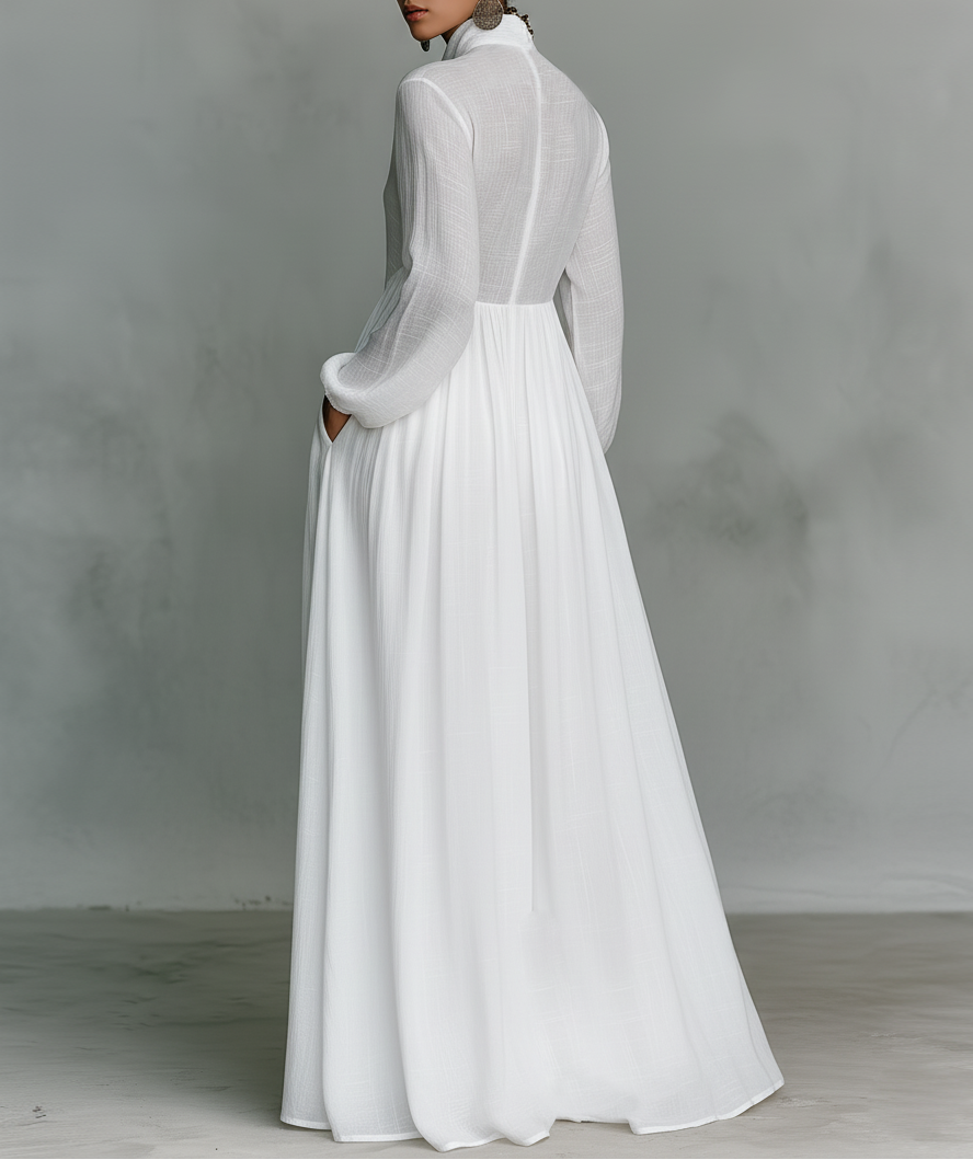 Damen Langes Plissiertes Kleid – Leicht Lange Ärmel A-Linien-Schnitt Ausgestellter Saum