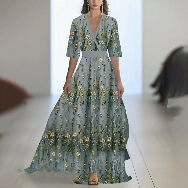 Damen Maxikleid mit Blumenmuster – V-Ausschnitt, taillierter Schnitt