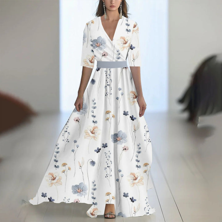Damen Maxikleid mit Blumenmuster – V-Ausschnitt, taillierter Schnitt
