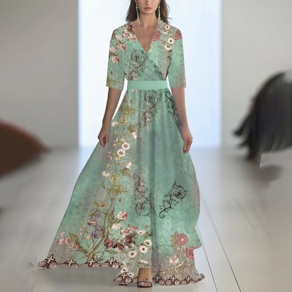 Damen Maxikleid mit Blumenmuster – V-Ausschnitt, taillierter Schnitt
