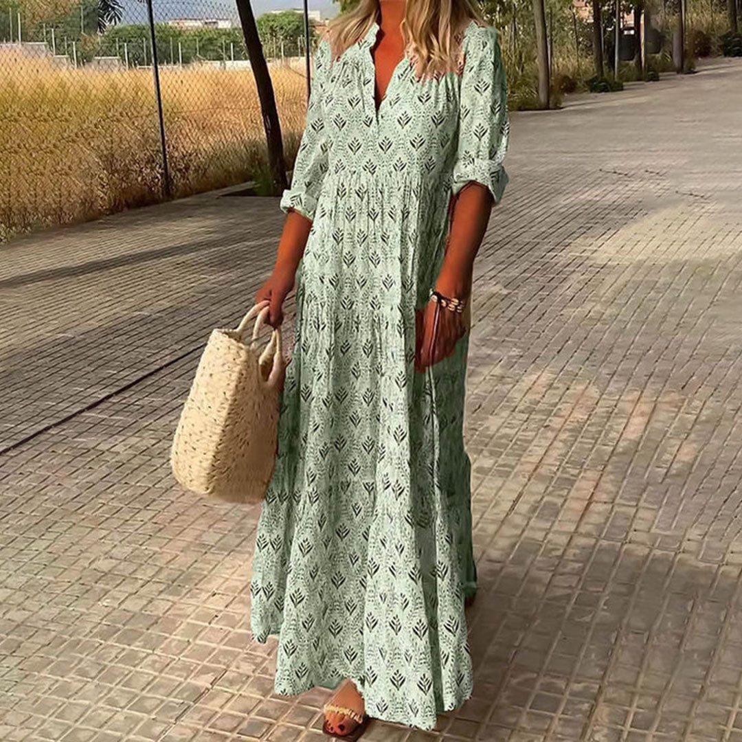 Langes Damenkleid im Boho-Stil mit V-Ausschnitt – Weite Passform, halblange Ärmel, leicht