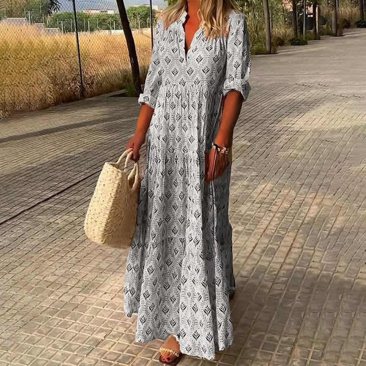Langes Damenkleid im Boho-Stil mit V-Ausschnitt – Weite Passform, halblange Ärmel, leicht