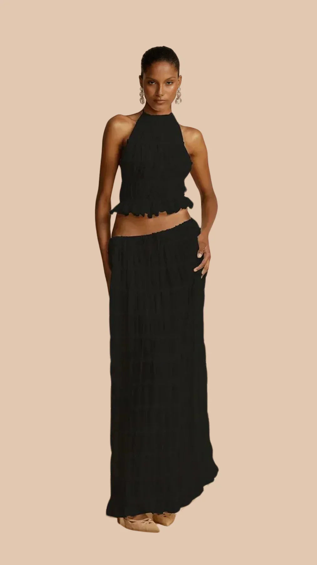 Completo Due Pezzi Donna – Top Arricciato &amp; Gonna Lunga a Balze con Coulisse