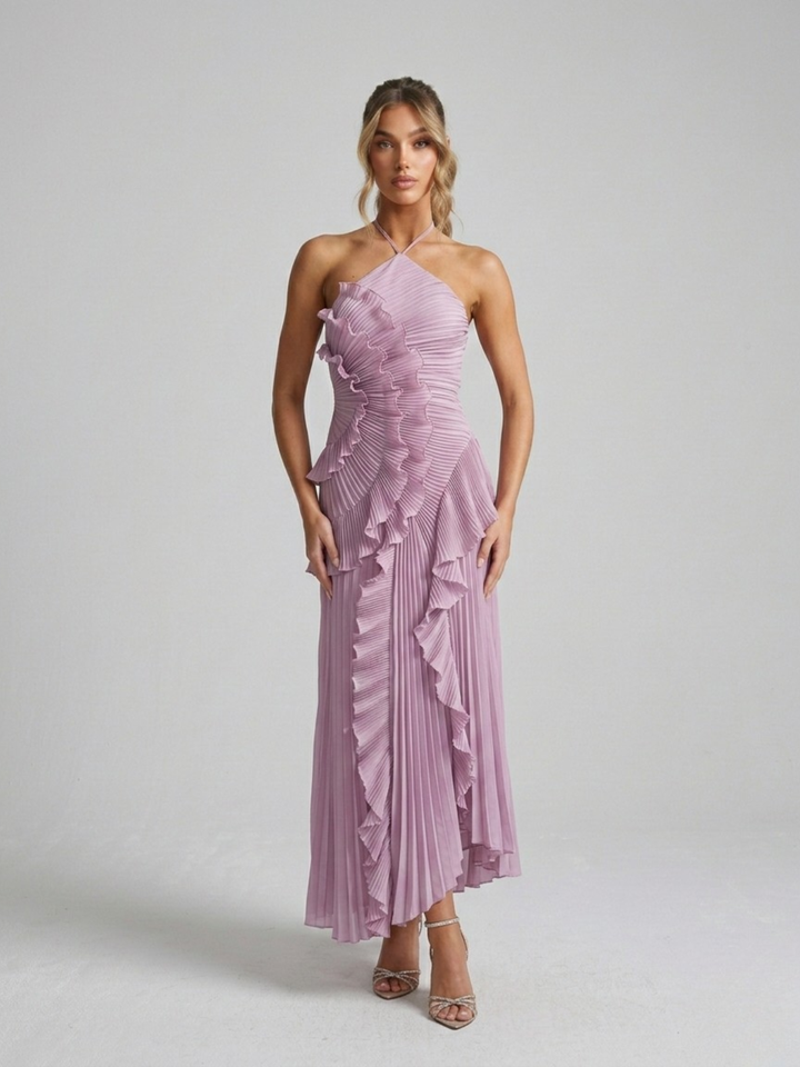 Women's Midi Dress with Pleated Halter Neck – Elegant Ruffle Details
