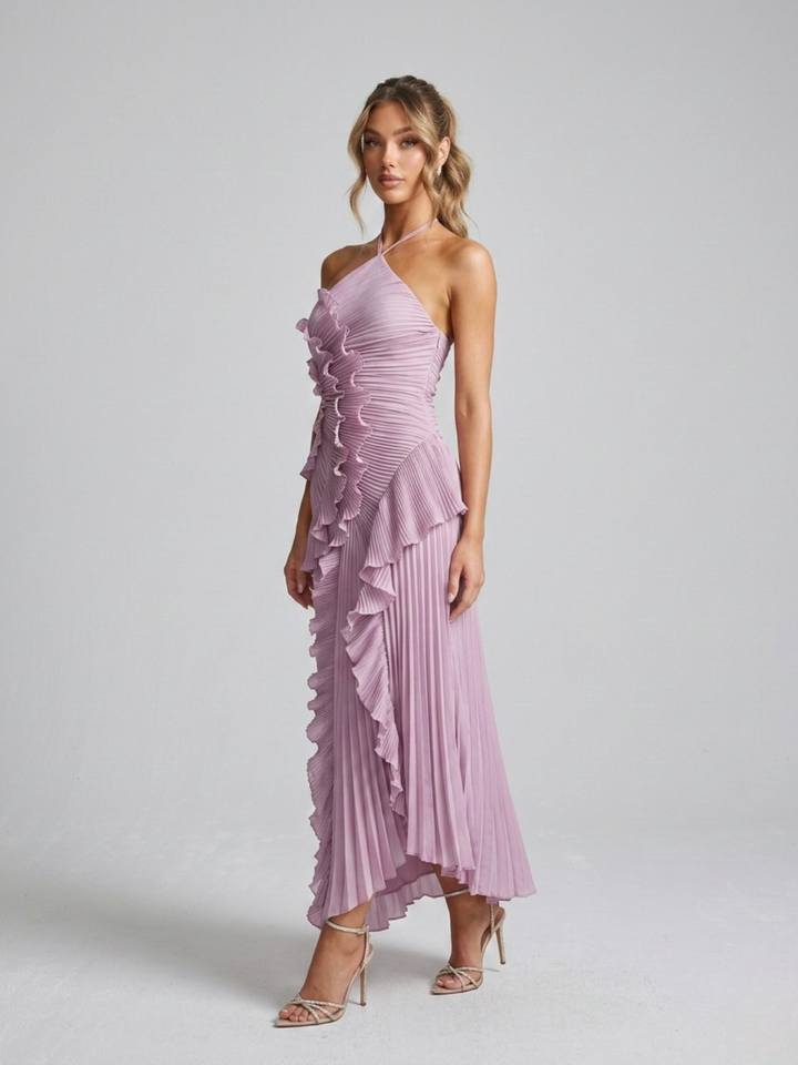 Women's Midi Dress with Pleated Halter Neck – Elegant Ruffle Details