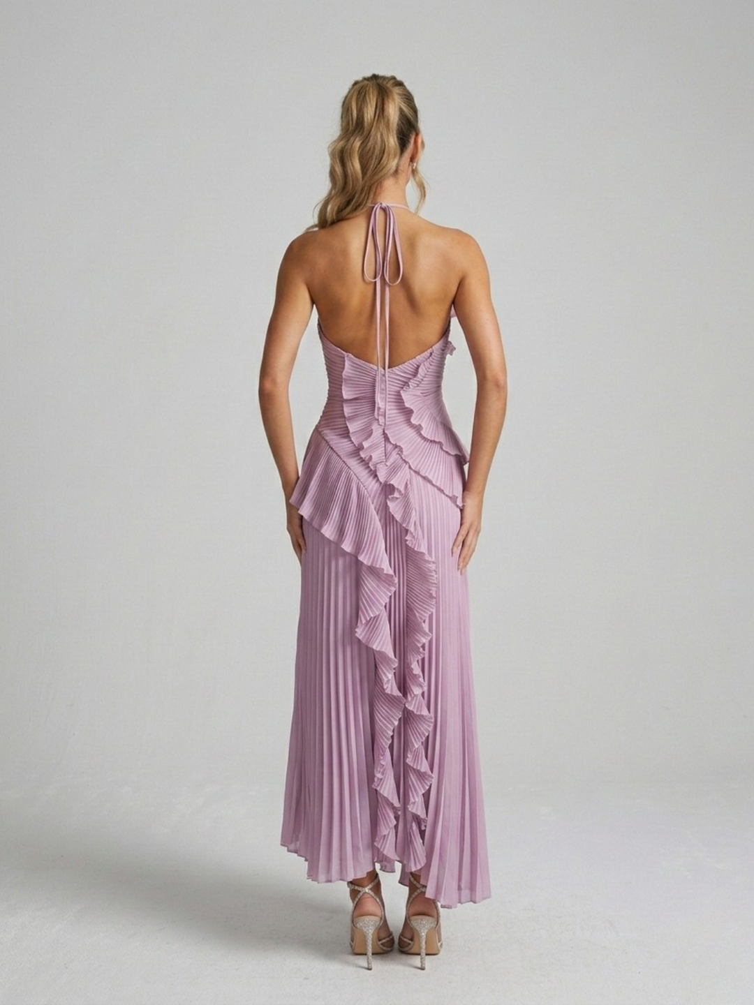 Women's Midi Dress with Pleated Halter Neck – Elegant Ruffle Details
