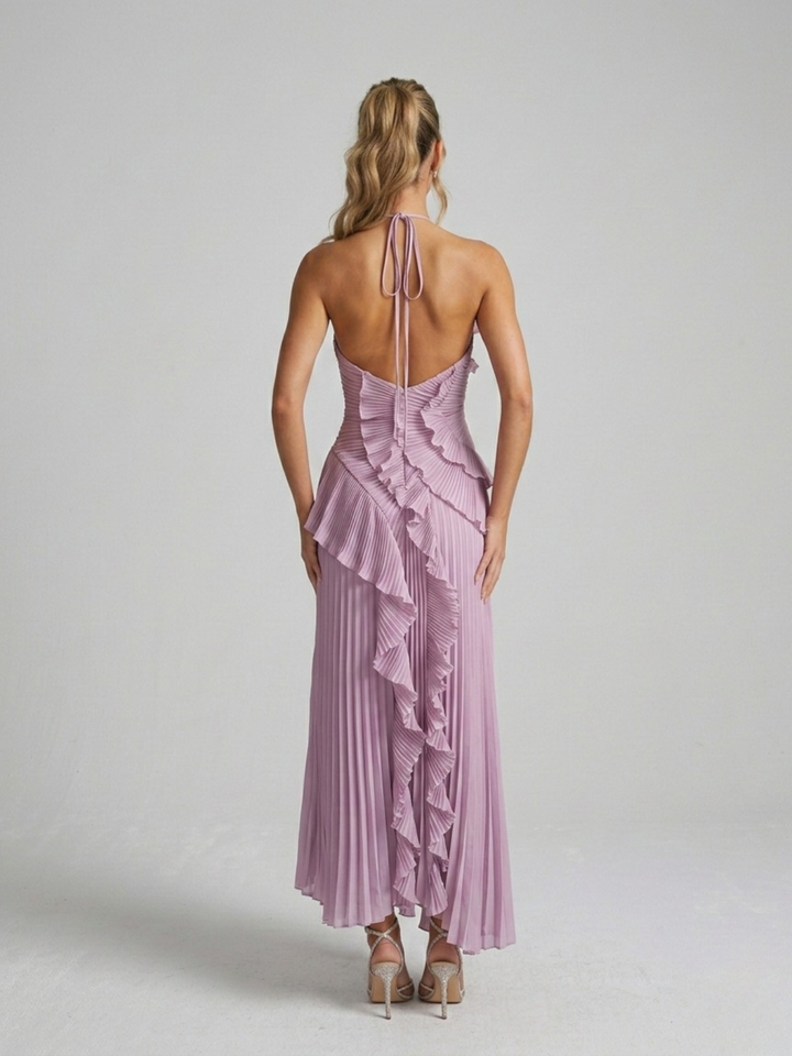 Women's Midi Dress with Pleated Halter Neck – Elegant Ruffle Details