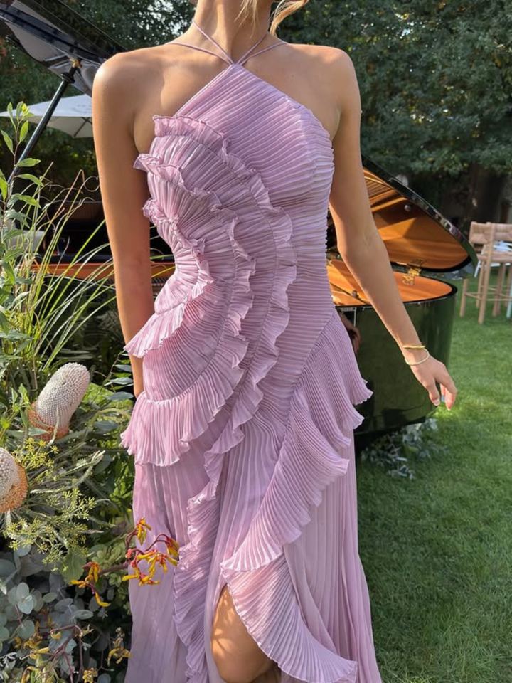 Women's Midi Dress with Pleated Halter Neck – Elegant Ruffle Details