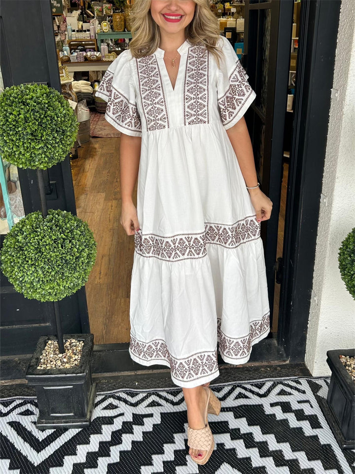 Boho-Midikleid für Damen aus Baumwolle – V-Ausschnitt mit bestickten Details