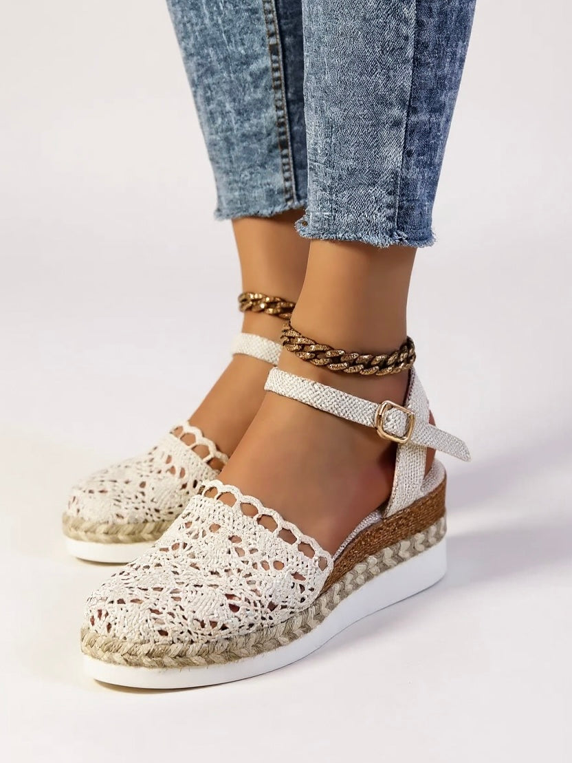Sandali espadrillas con zeppa boho donna – cinturino con fibbia alla caviglia punta tonda