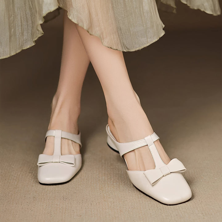 Women's Block Heel Mules with Bow – Square Toe and T-Strap