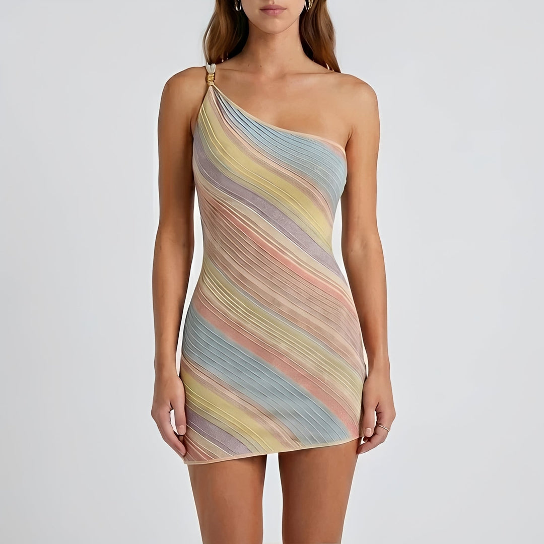 Mini-Strickkleid für Damen mit Rippenstruktur – Bodycon-Schnitt, asymmetrische Schulterpartie