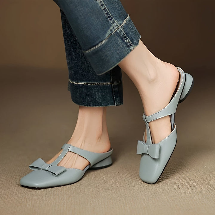 Women's Block Heel Mules with Bow – Square Toe and T-Strap