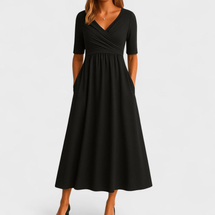 Abito midi elegante donna con collo a V – maniche corte vita definita