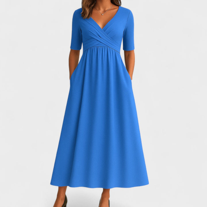 Abito midi elegante donna con collo a V – maniche corte vita definita