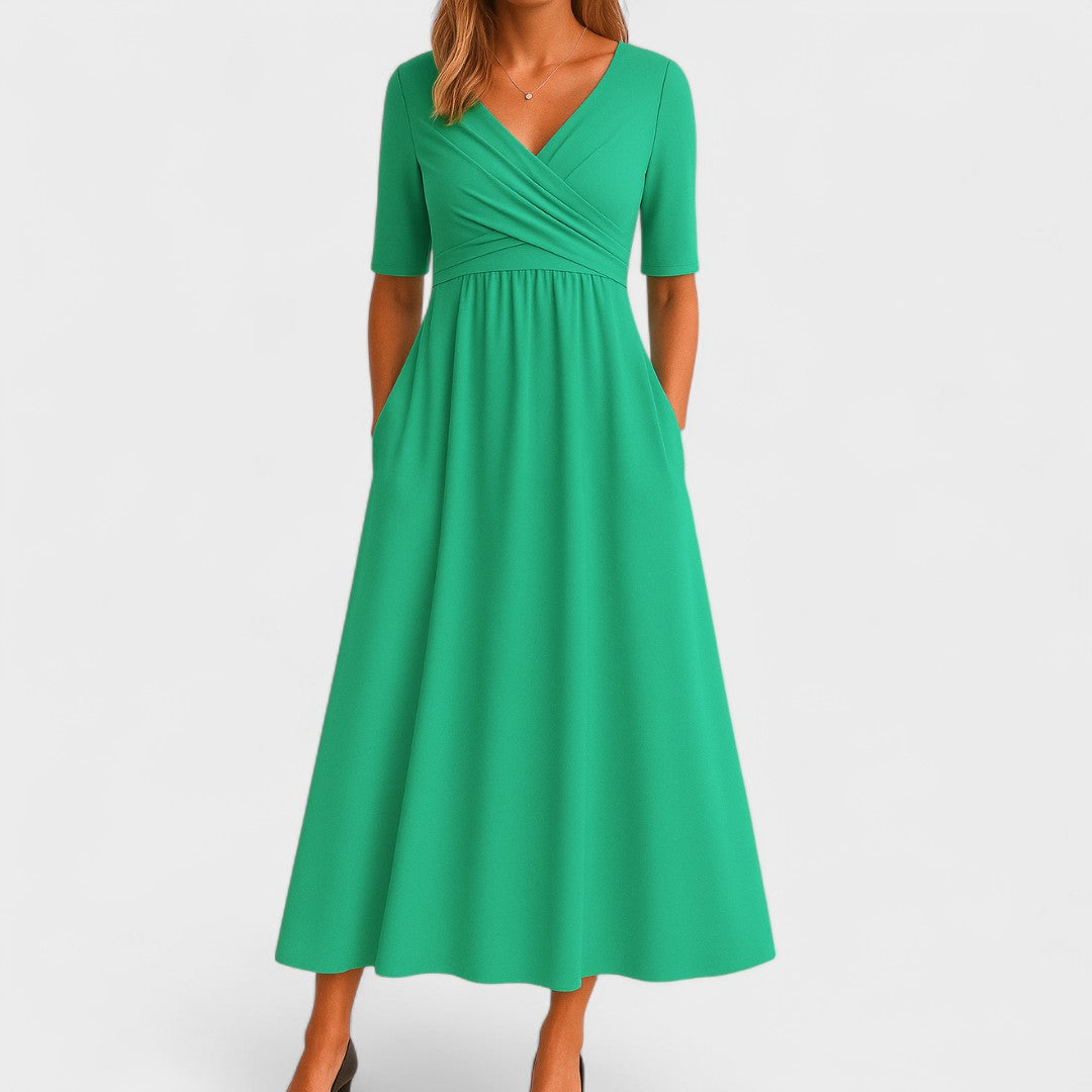 Abito midi elegante donna con collo a V – maniche corte vita definita