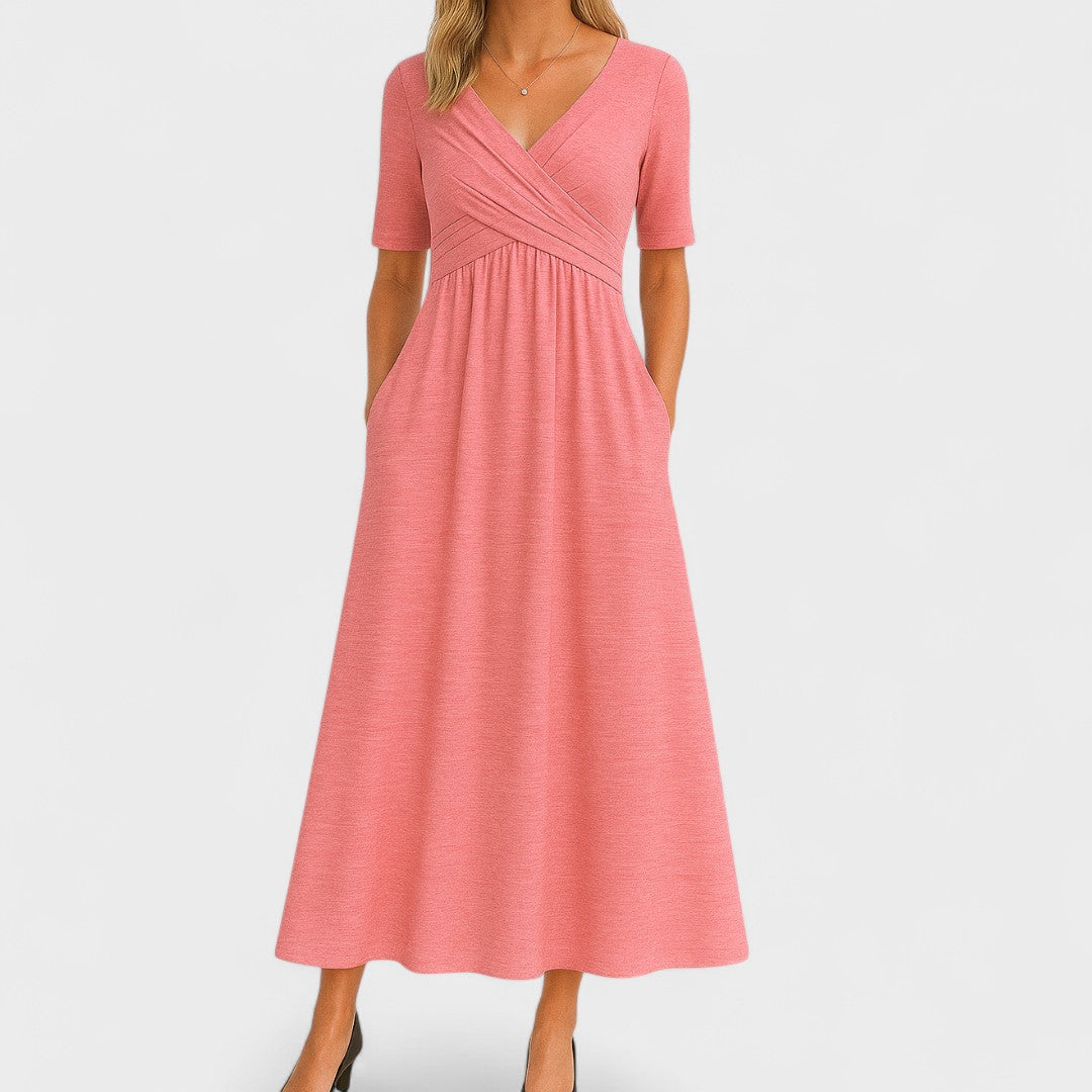 Abito midi elegante donna con collo a V – maniche corte vita definita