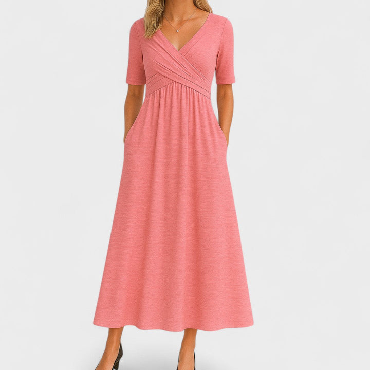 Abito midi elegante donna con collo a V – maniche corte vita definita