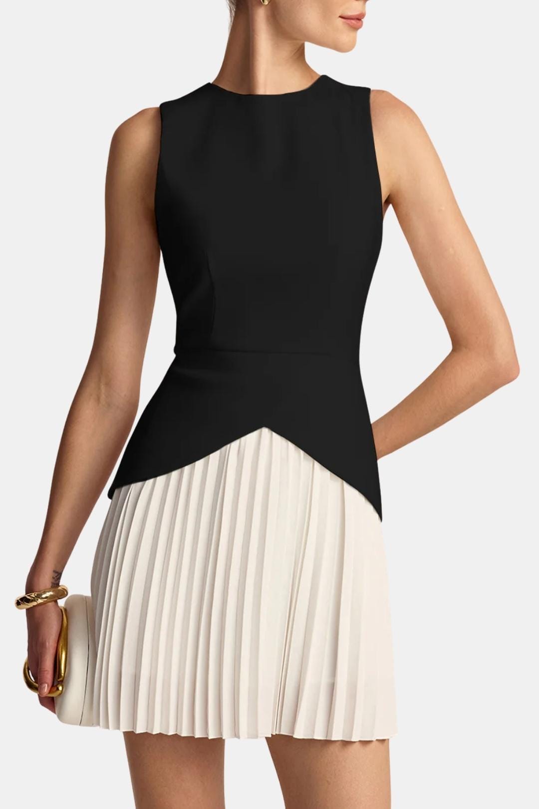 Robe Mini Femme Sans Manches – Jupe Plissée et Taille Structurée