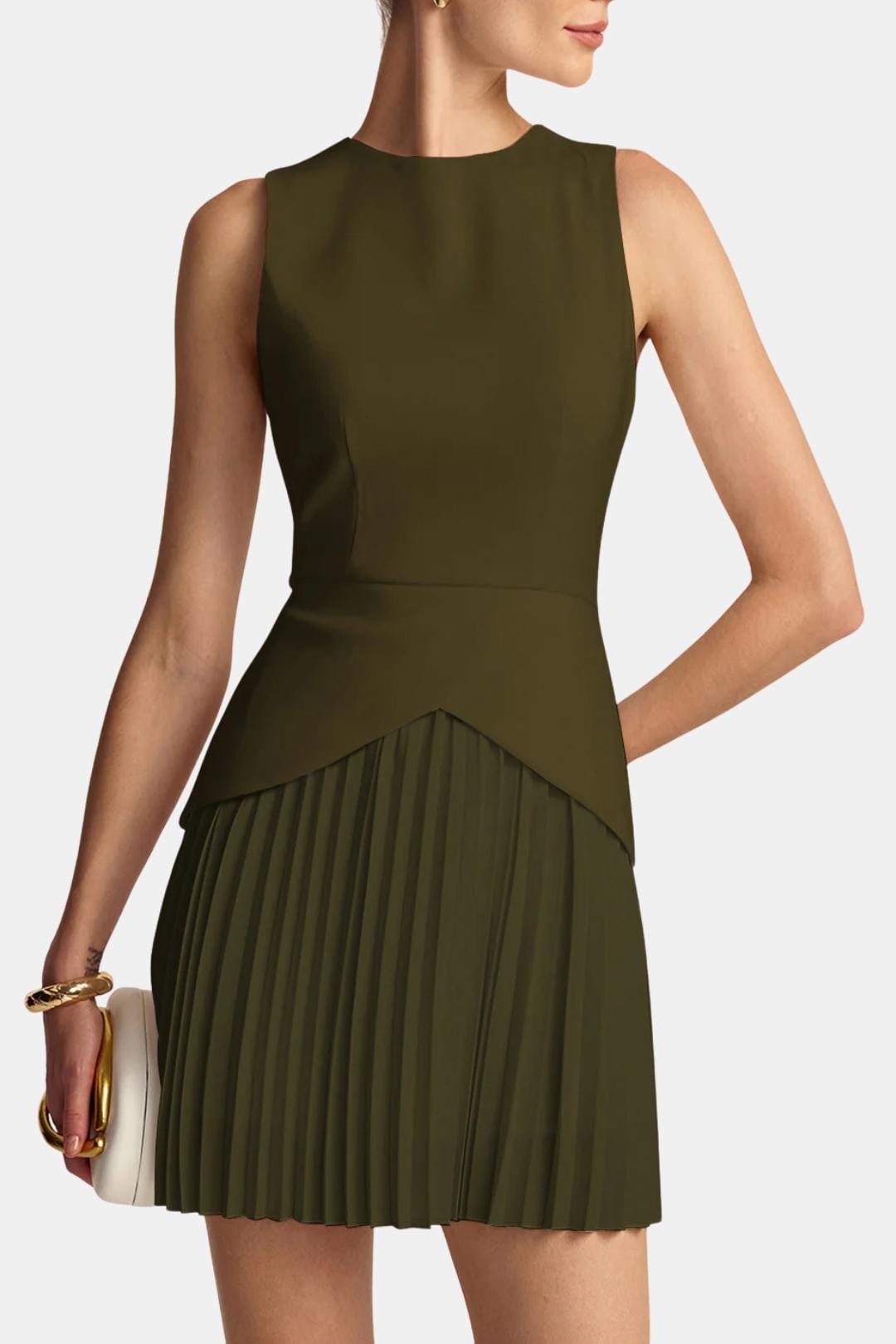 Robe Mini Femme Sans Manches – Jupe Plissée et Taille Structurée